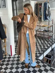 Veste longue à double boutonnage avec poche pour femme, coupe-vent monochrome, manteau à revers, streetwear de trajet décontracté, mode automne et hiver 2024