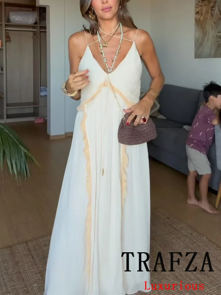 TRAFZA-Vestido largo recto con volantes y lazo para mujer, prenda Sexy y elegante con cuello en V, camisola Halter, con cordones, a la moda, para Club nocturno, novedad de 2024