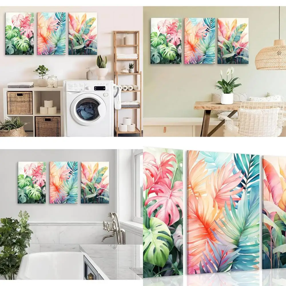

Tropical Botanical Canvas Art - 3 Piece Monstera Leaf Wall Decor for Bohemian Living Room & Bathroom