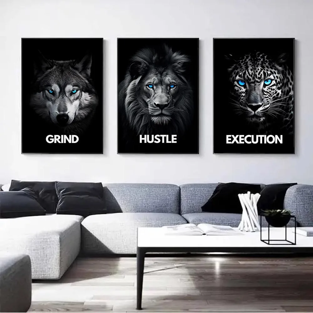 Animal Motivational Wall Art Lion Wolf Leopard Canvas Painting Home Office Prints Posters Entrepreneur Quotes Mindset Grind