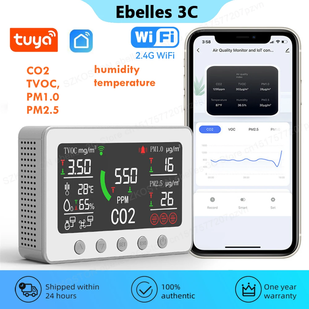 Tuya-Capteur intelligent de qualité de l\'air WiFi Co2, détecteur de température et d\'humidité, affichage d\'écran de document, contrôle intelligent