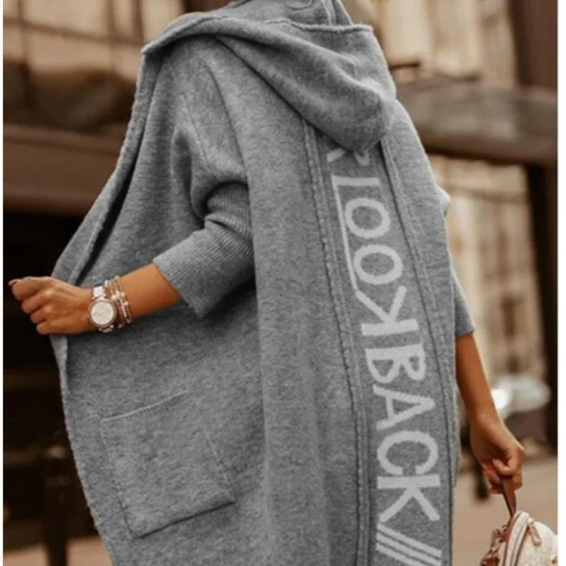 Ladies Zip Up Hooded Long Knit Cardigan Letter Print Loose Fit Pockets Soft Warm Cozy Casual Commute Fall Winter Outerwear Coat