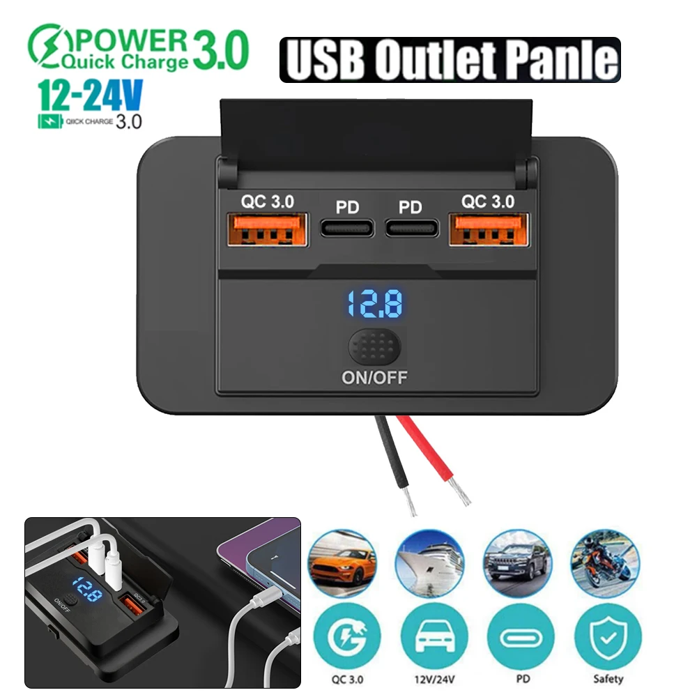 

96W 12V USB Outlet Dual USB C 30W and QC 3.0 18W 4 Port Car Charger Socket Panel with Button Switch for RV Bus Marine Motorcycle