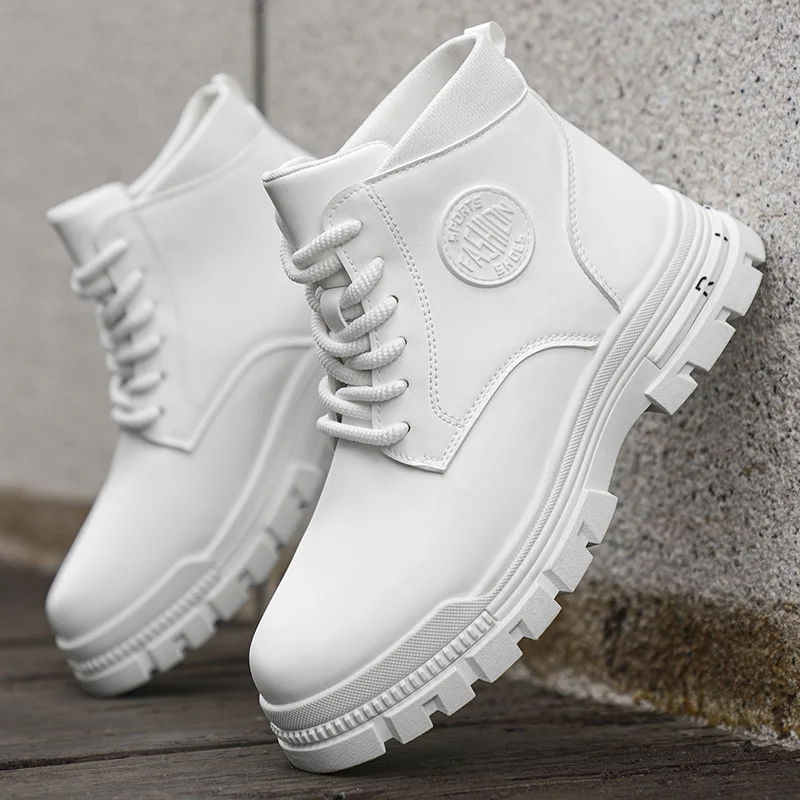 Men Solid White Leather  Combat Boots, Chunky Lug Non Slip Lace Up Ankle Boots For Hiking Street Daily Camping Outfits view 6