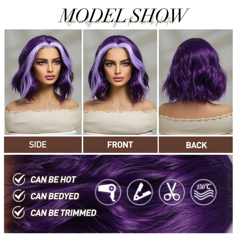 oneNonly Parrucca viola Lolita Parrucche corte da donna ricce femminili Parrucca cosplay di Halloween per feste Strumenti per il trucco Capelli sintetici di alta qualità