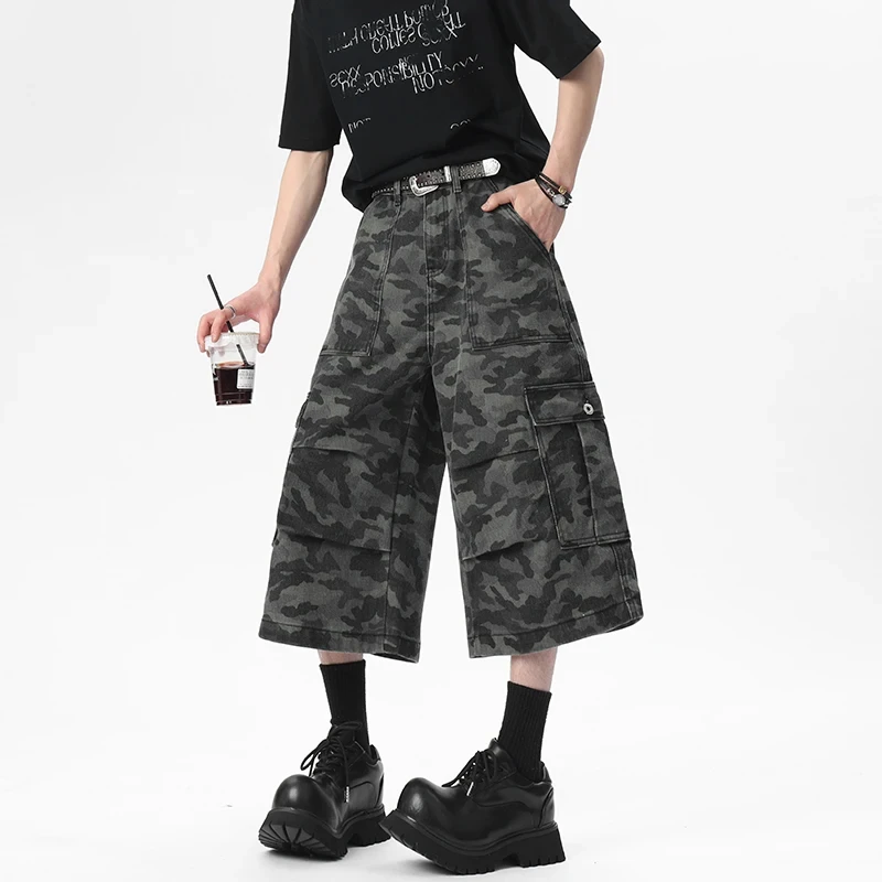 Summer Camouflage Green Men's Workwear Shorts Belt Buckle Pleated Design Wide Leg Cropped Knee Length Pants 2026 New