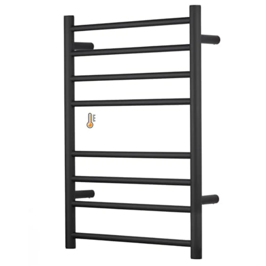 

Bathroom wall-mounted electric towel warmer with stainless steel round 8-bar drying rack, black finish, fast heating and energy