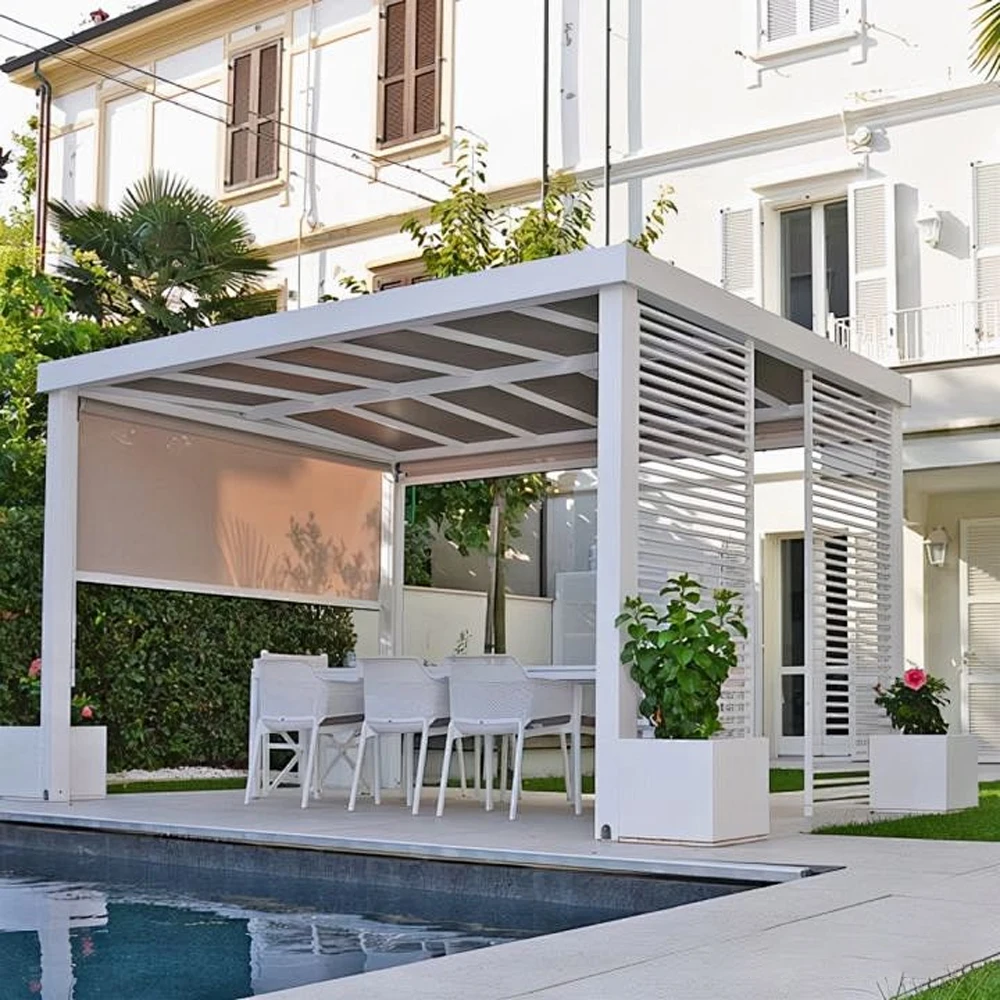 Waterproof Metal Garden Pavilion Gazebo Aluminum Pergola Gazebo with Adjustable Louvered Roof