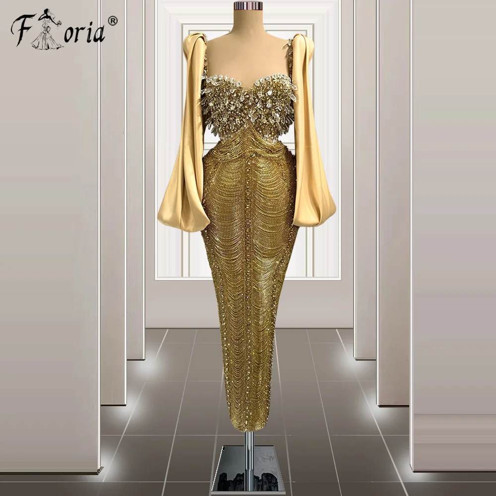 Exquisite Crystal Tassel Bespoke Evening Dresses Gold Dubai Rhinestone Beaded Tea Length Celebrity Party Gown فساتين مناسبة رسم