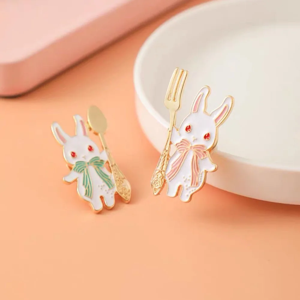 Enamel Magic Blue Pink Pastel Fork Spoon Foodie Rabbit Brooch Pin Collar Accessories Fashion Jewelry Bunny Badge image 2