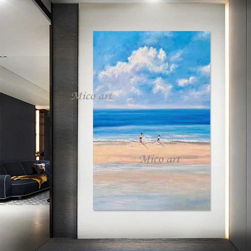 High Quality Blue Sky Abstract Canvas Handmade Oil Paintings Frameless Wall Hangings, Modern 3D Seascape Art Picture New Arrival