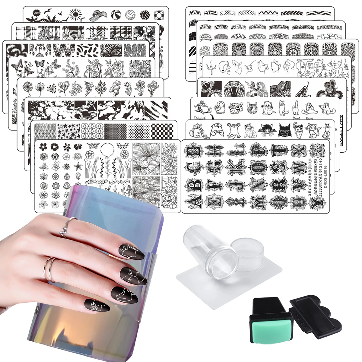 

Flower Leaf Nail Stamping Plates Set Silicone Stamper+Scraper+Storage Bag Nail Art Stamp Transfer Stencils Template Maniucre