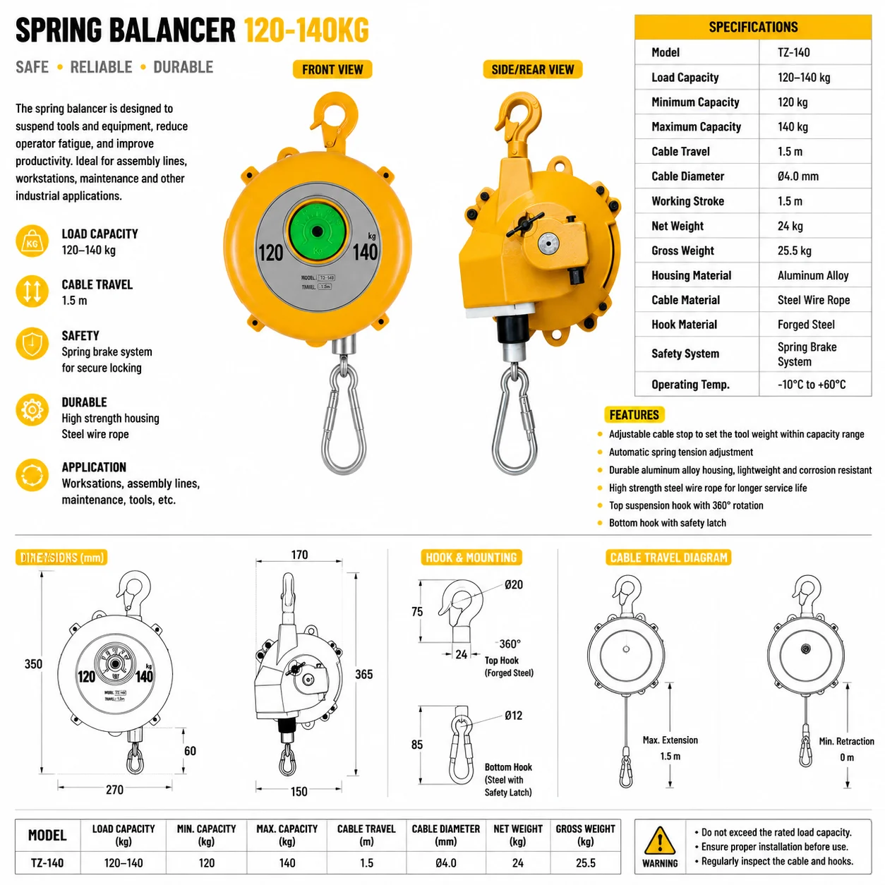120-140kg High Safety Factor Spring Balancer Workshop Auxiliary Lifter