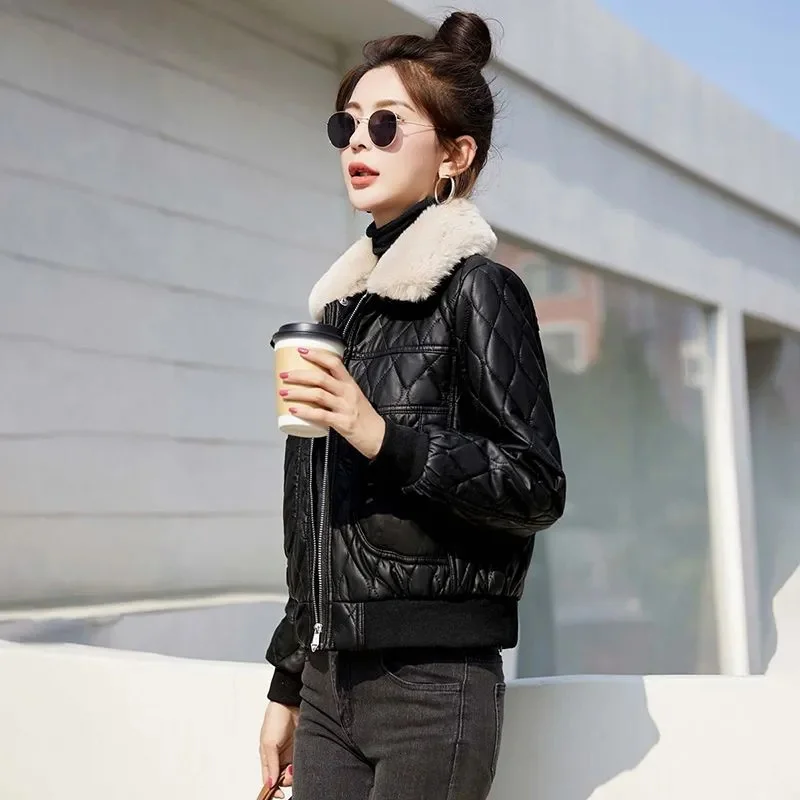 Winter Women PU Leather Jacket New Ladies Add Velvet Warm Leather Coat Detachable Fur Collar Short Top Lady Cotton Padded