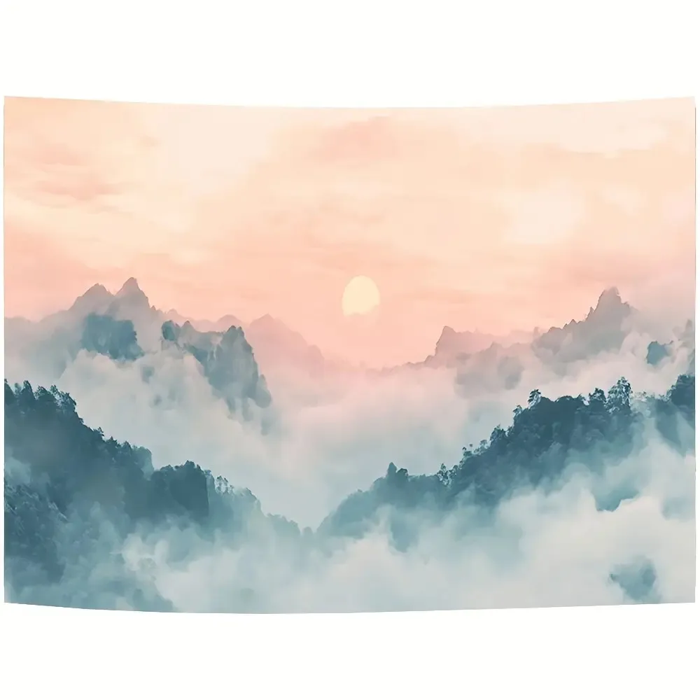 Large Polyester Mountain Landscape Tapestry Boho Aesthetic Misty Sunrise Sunset Wall Hanging Art Backdrop Decor Poster