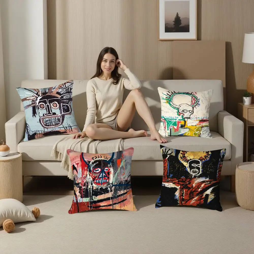 J-Jean M-Michel B-Basquiat Art Pillow Case Square Double‑Sided Print Cushion Case For Sofa Home Bedchamber Decor Gift