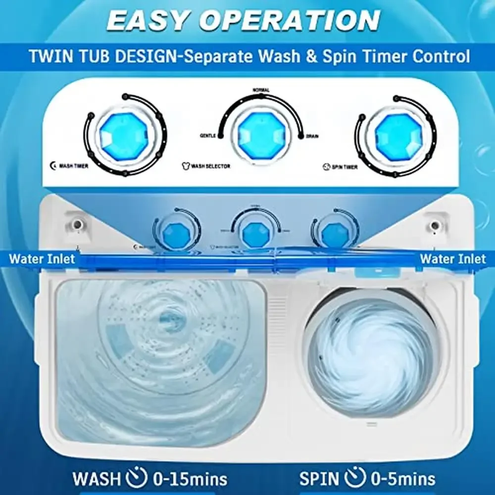 Portable Twin Tub Washer and Dryer Combo 26/28Lbs Capacity Control Knobs Built-in Drain Pump Save Time Water Electricity Easy