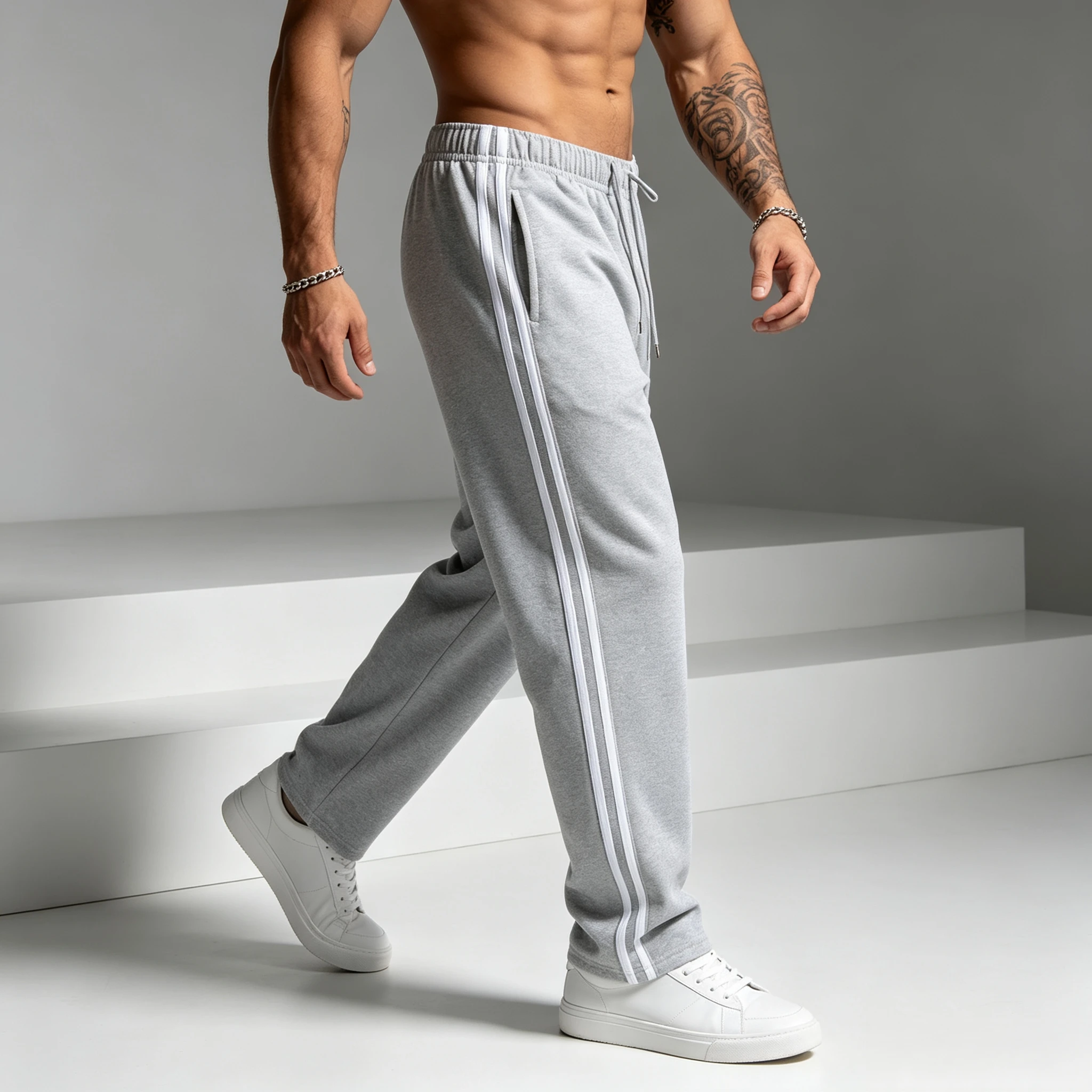 Herrenhose mit seitlichen Streifen, gerader Schnitt, Strickstoff, Fitness- und Jogginghose, Herrenhose mit elastischem Bund, Freizeitkleidung für den Frühling. – Detail 6