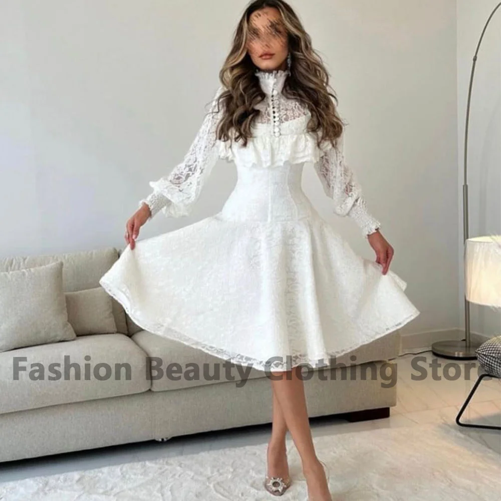 Short Lace Prom Gown With Long Sleeves Button Hight Neck A-Line Evening Dress Knee-Lenght Ruffle Vintage Dubai Woman Dresses