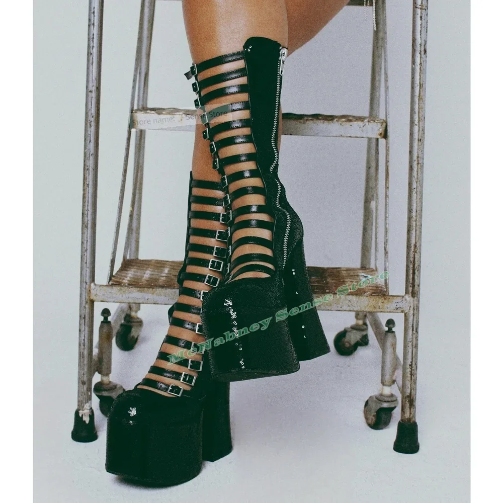 

Buckles Straps Hollow Sandals Boots Round Toe Platform Chunky High Heels Mid Calf Solid Leather Side Zipper Sandals Women Shoes