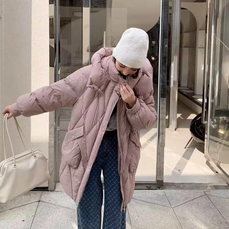 Chaqueta de plumón con capucha para mujer con bolsillo, abrigo largo, informal, versátil, lujoso, temperamento, ligero, nuevo, 2024