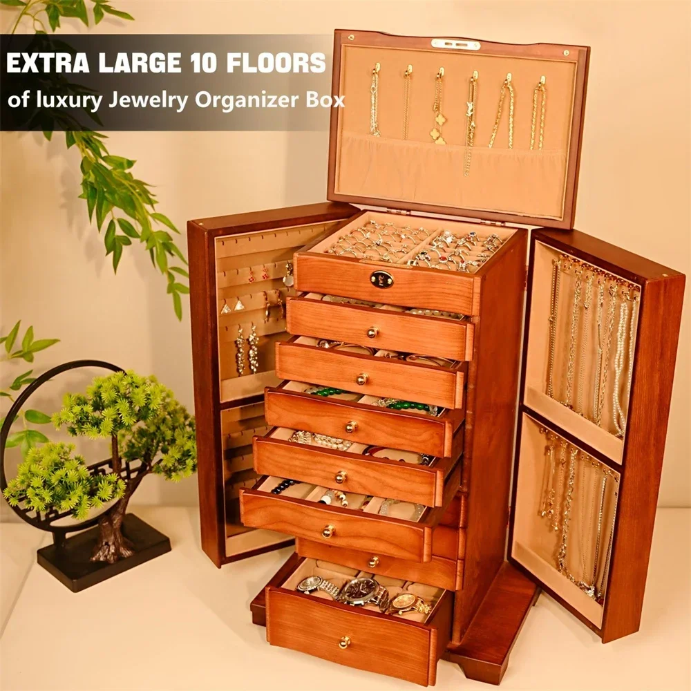 

YB 10-Layers Large Wooden Jewelry Box Storage Earring Organizer Display for Bracelet Double door design Jewelry Organizer Box