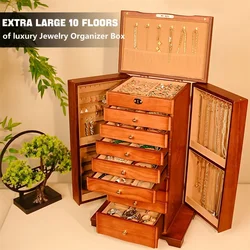 YB 10-Layers Large Wooden Jewelry Box Storage Earring Organizer Display for Bracelet Double door design Jewelry Organizer Box