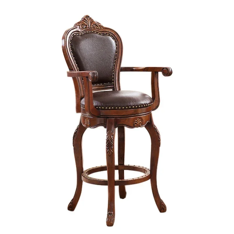 

American-Style Solid Wood Armchair Bar High Chair Swivel Chair Genuine Leather Armchair