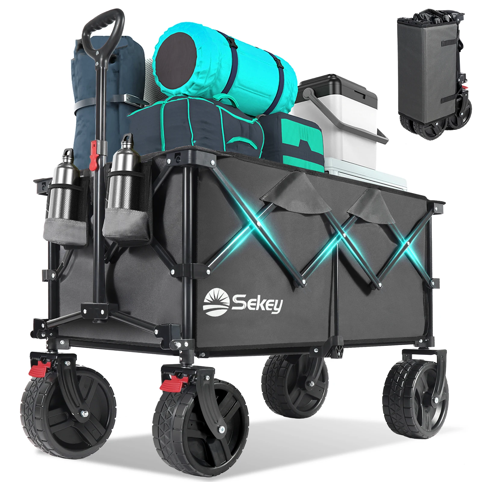 

Collapsible Wagon Cart with Big All-Terrain Wheels, Heavy Duty Foldable Utility Cart with Cup Holders for Beach, Camping, Garden