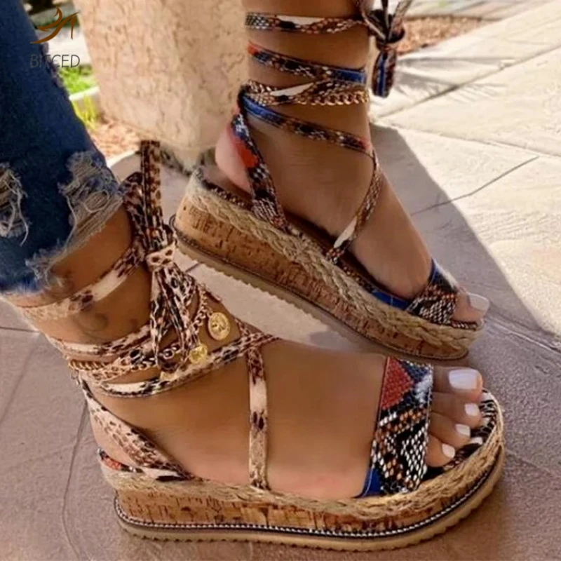 Women Sandals Summer Snake Wedge Shoes Ethnic Print Fashion Casual Lace Up Women Shoes Beach Ladies Plus Size Shoes Sandals