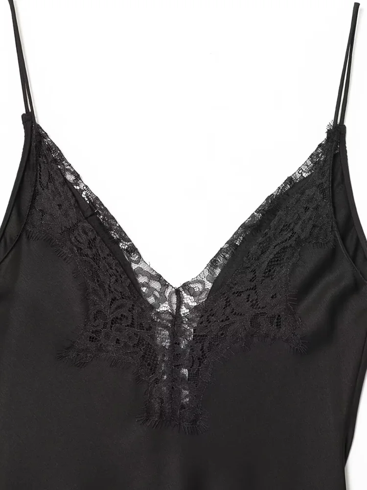 女性のセクシーなサテンレース非対称ドレス V ネック薄いストラップファッション女性ドレス