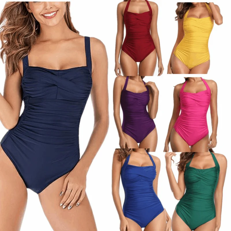 Swimwear New Solid Color Pleated One-Piece Swimsuit Fashionable Sexy Figure Flattering Bikini