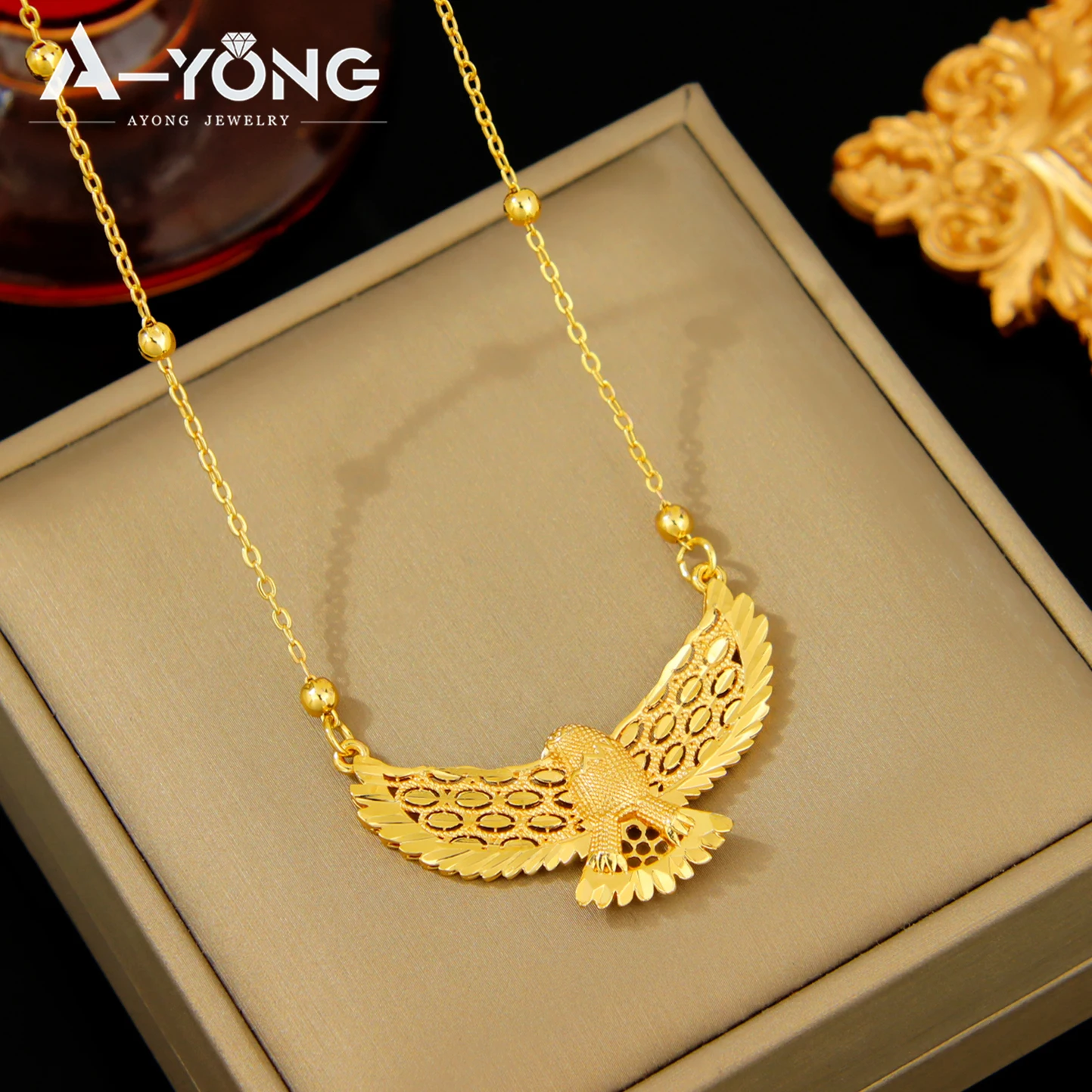 Arabische Mode Adler-Halskette 21k Vergoldet Dubai Vintage Tier-Anhänger Ketten Nahost Damen Event Party Schmuck – Detail 6
