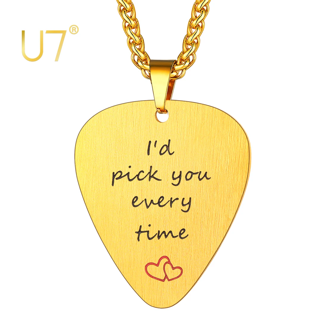 U7 Men Pendant with Chain Music Jewelry I\'d Pick You Every Time Engraved Stainless Steel Guitar Pick Necklace