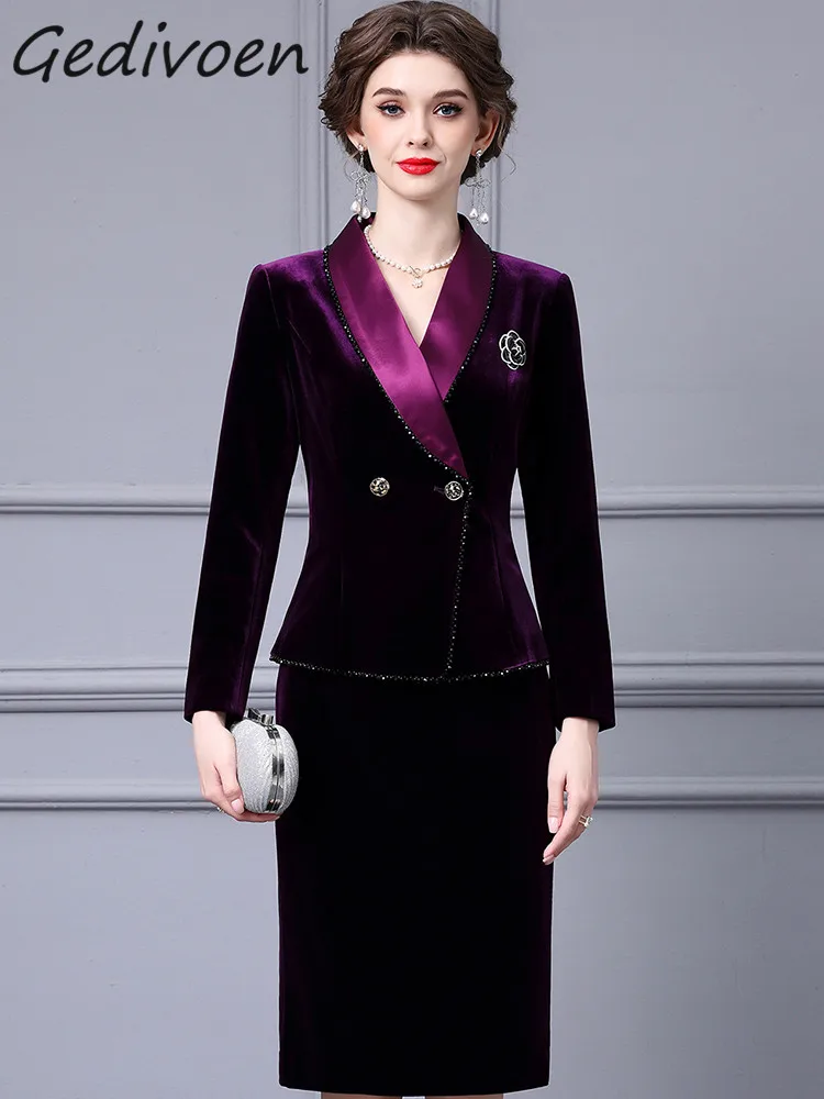 

Gedivoen Autumn Fashion Runway Purple Vintage Skirt Set Women Lapel Beading Brooch Slim Coats+Package Buttock Skirt 2 Pieces Set