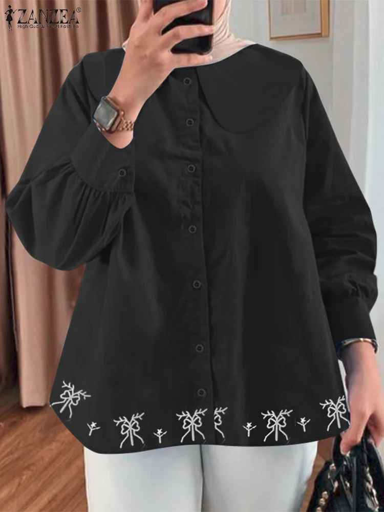 2025 ZANZEA Moda Donna Risvolto Camicetta a maniche lunghe Top Camicia musulmana Turchia Abaya Caftano Casual Floreale Blusas Abbigliamento islamico