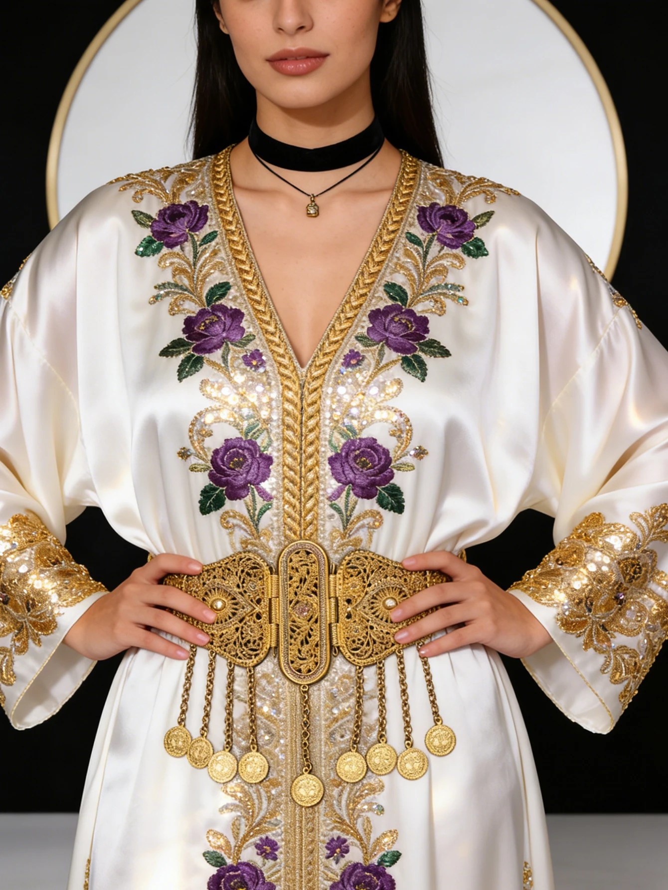 A Vintage Court-Style Women's Robe Belt with Carved Flowers, Inlaid with Artificial Gemstones and Coin Tassel Pendants, a Jewelry Waist Chain for Arab Women to Wear at Weddings, Banquets, and Festivals