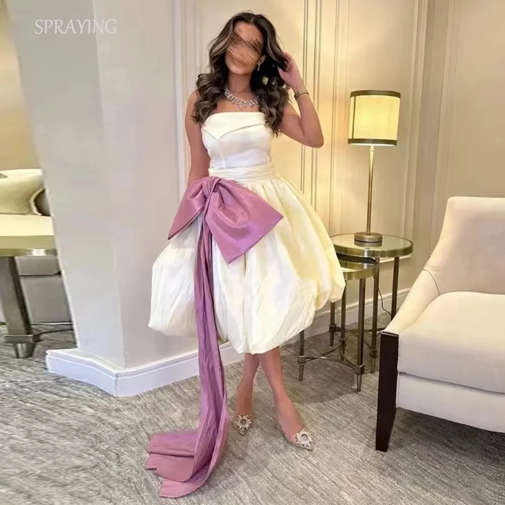 

SPRAYING Evening Dresses Sleeveless Tea-Length Strapless Big Pink Bow Women Formal Occasion Party Dress 2024 فساتين السهرة