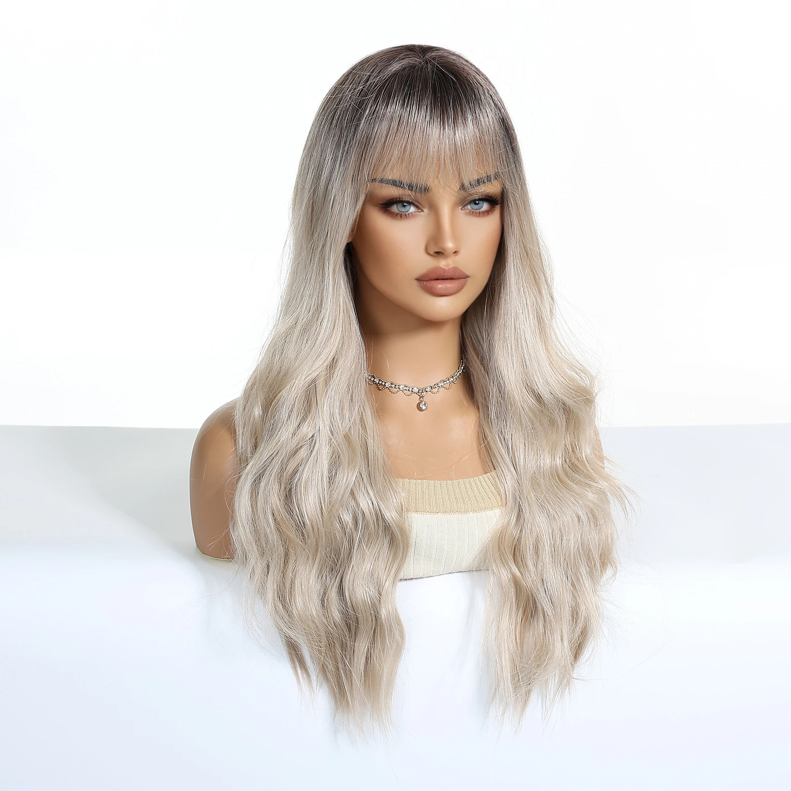 هنري مارغو طويل متموج أومبير البلاتين بيروكات صناعية الجذر الداكن الباروكات مع الانفجارات شعر مستعار تأثيري للنساء حفلة ألياف مقاومة للحرارة #3