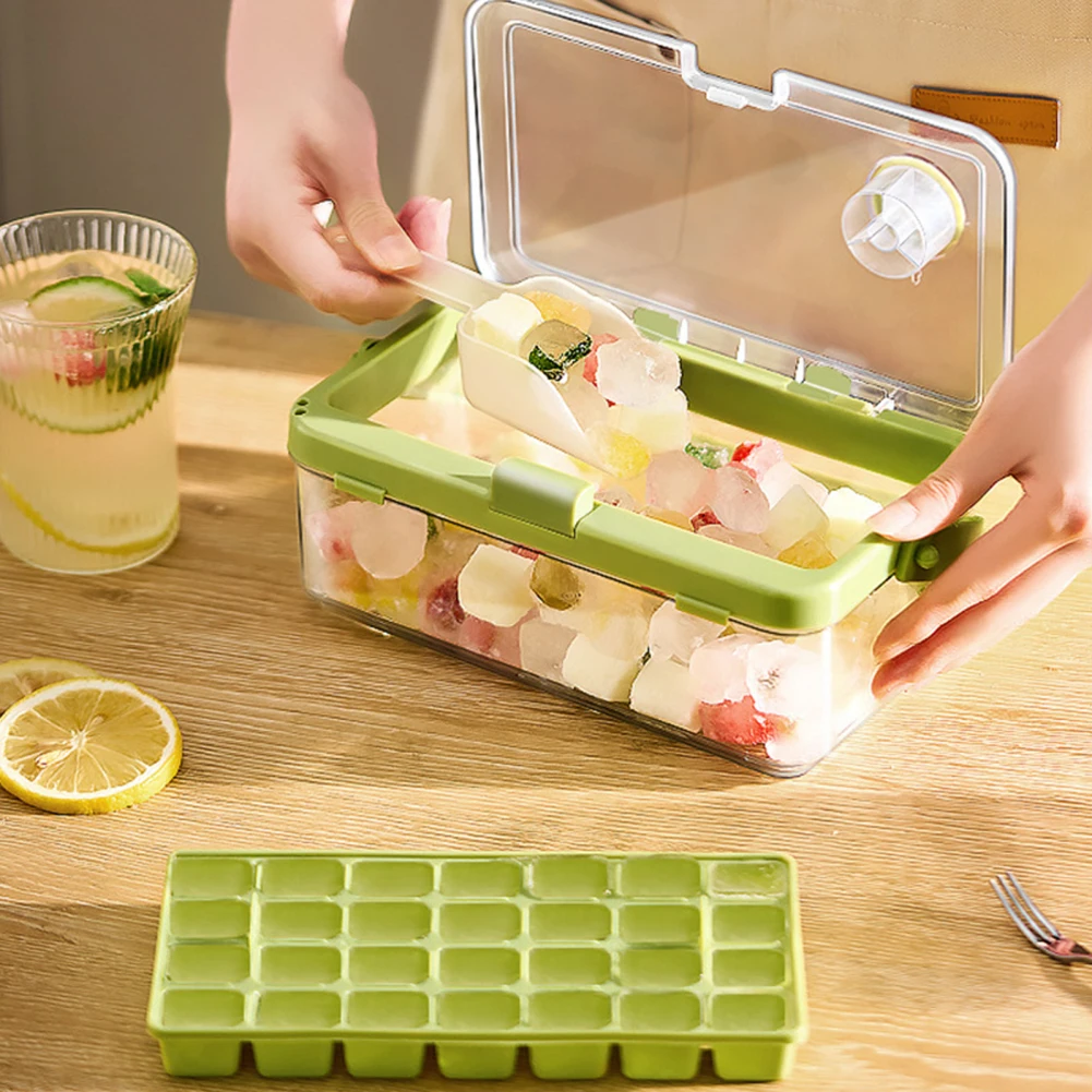 Silicone Ice Cube Trays With Lid Silicone Handle Top Cover Timer Drainage Hole Ice Shovel Portable 56 Cubes Molds For Kitchen