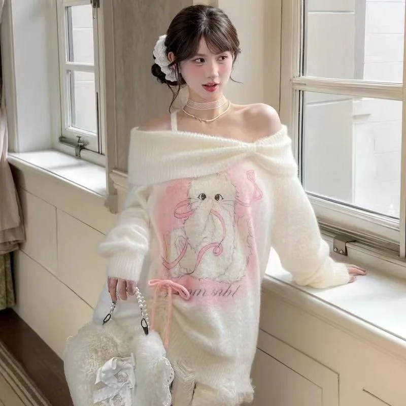 Autumn Winter Cute Soft  Print oulder Bared Long Sve Loose Fit Comfortable Warm Polyester Fiber Women's Sweater Top