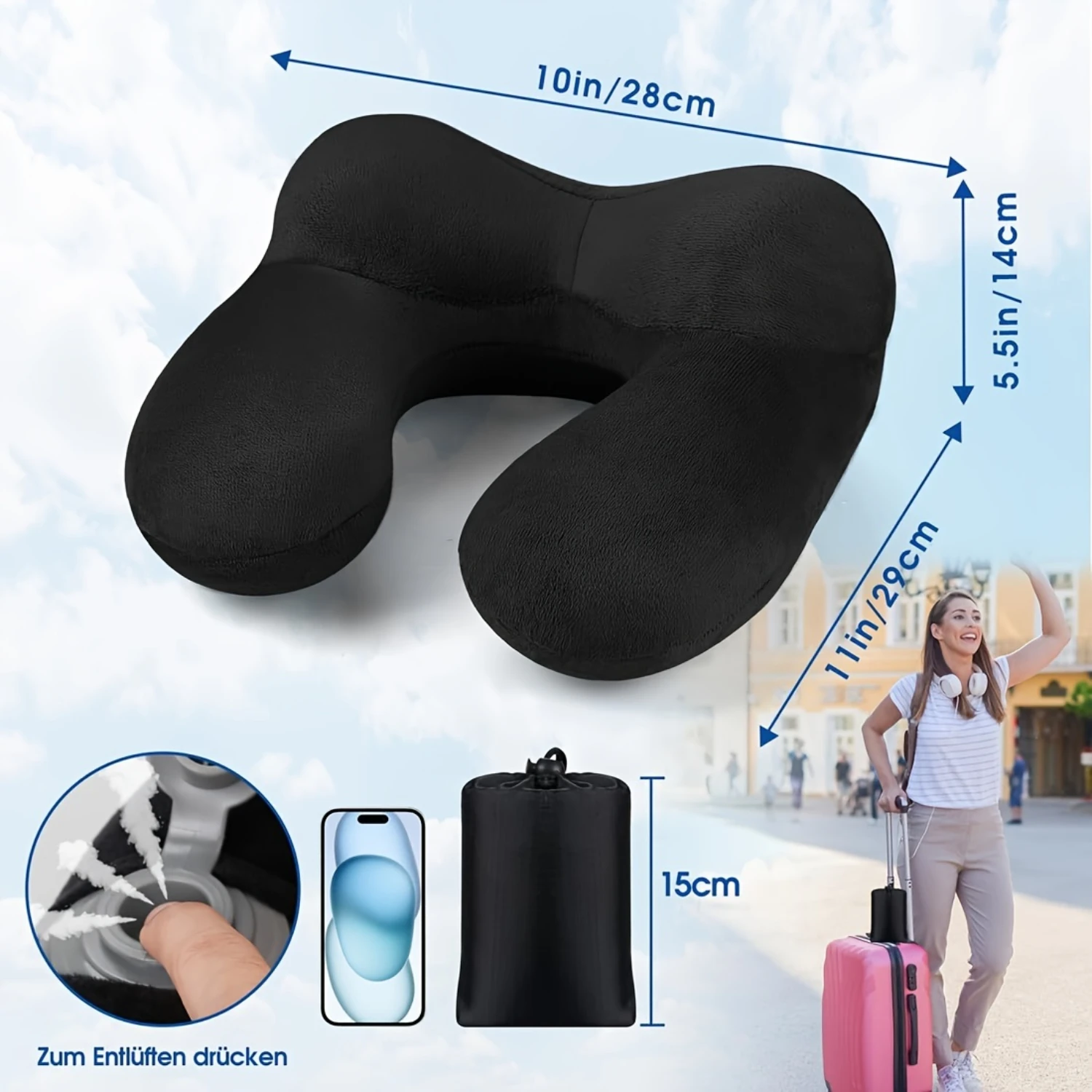 1pc Travel Pillow, Airplane Inflatable Neck Pillow With Earplugs, Soft Velvet Ergonomic Neck Pillow Travel Inflatable Pillow, Of