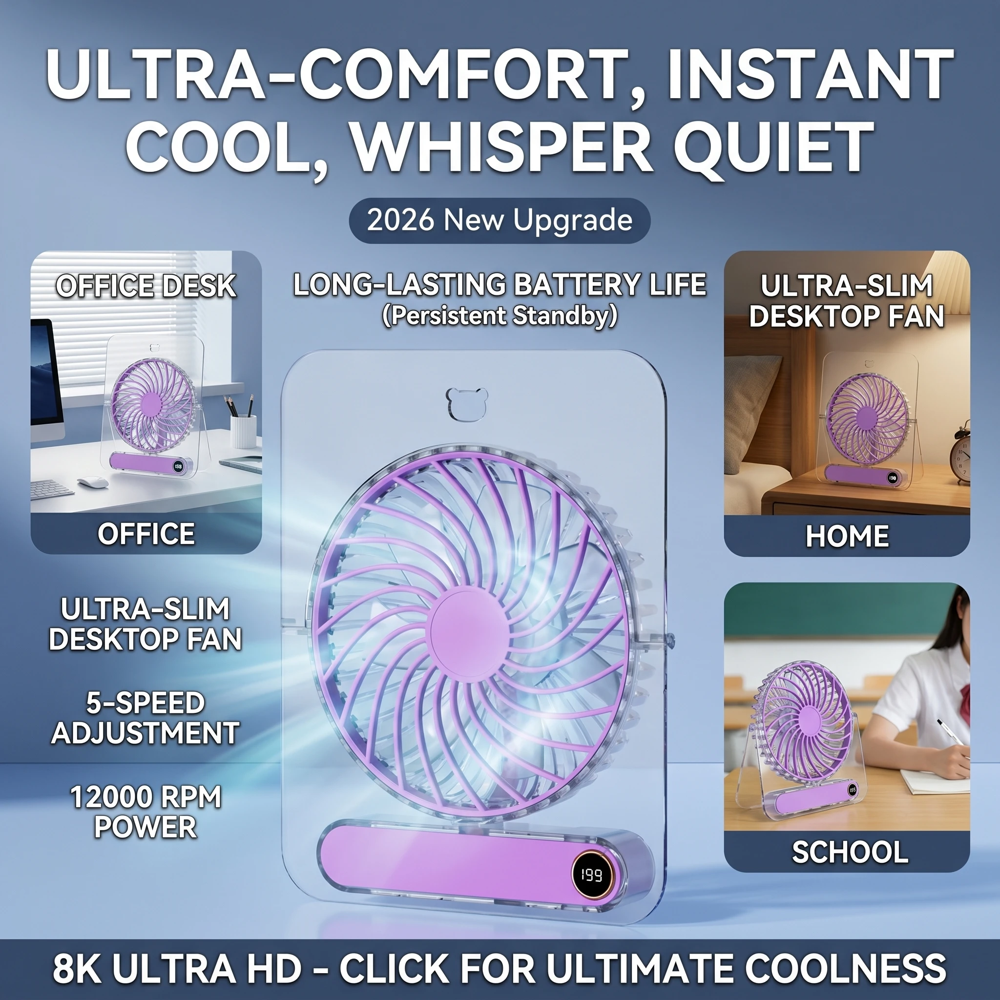 2026 New Upgrade New Portable Ultra Thin Foldable Desk Fan 199 Speed 1800mAh Rechargeable Home Quiet Ventilator Desktop Wall Air