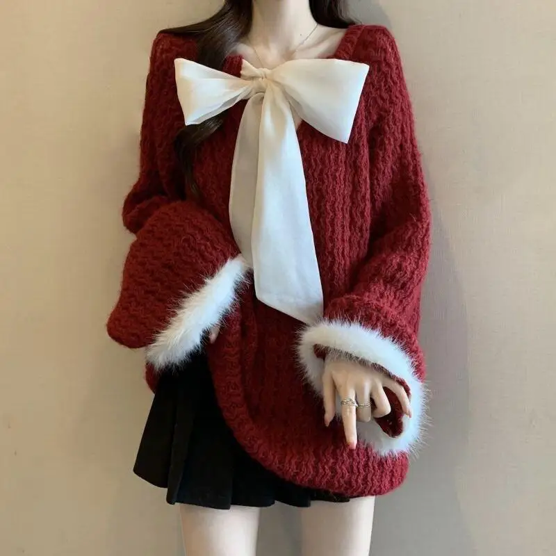 

New Year Atmosphere Big Bow Red Sweater Women Autumn Winter Plus Size Fat Mid Long Knitwear Stylish Top Cute Kawaii Fashion