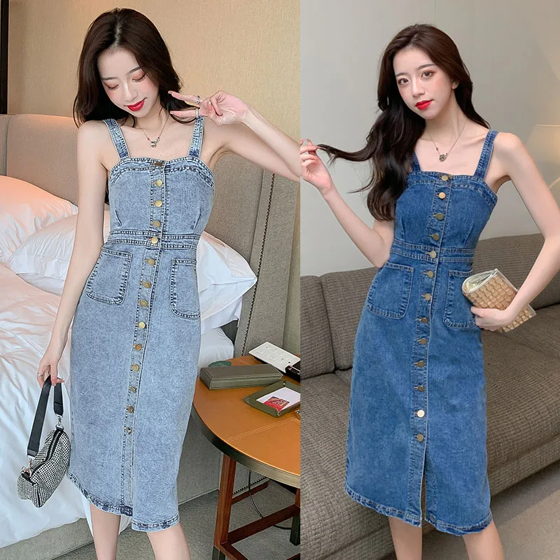 Women Vintage Elegant Fashion Single-breasted Denim Slim Package Hip Dresses 2025 New Summer Sexy Sling Bodycon Dress Vestidos