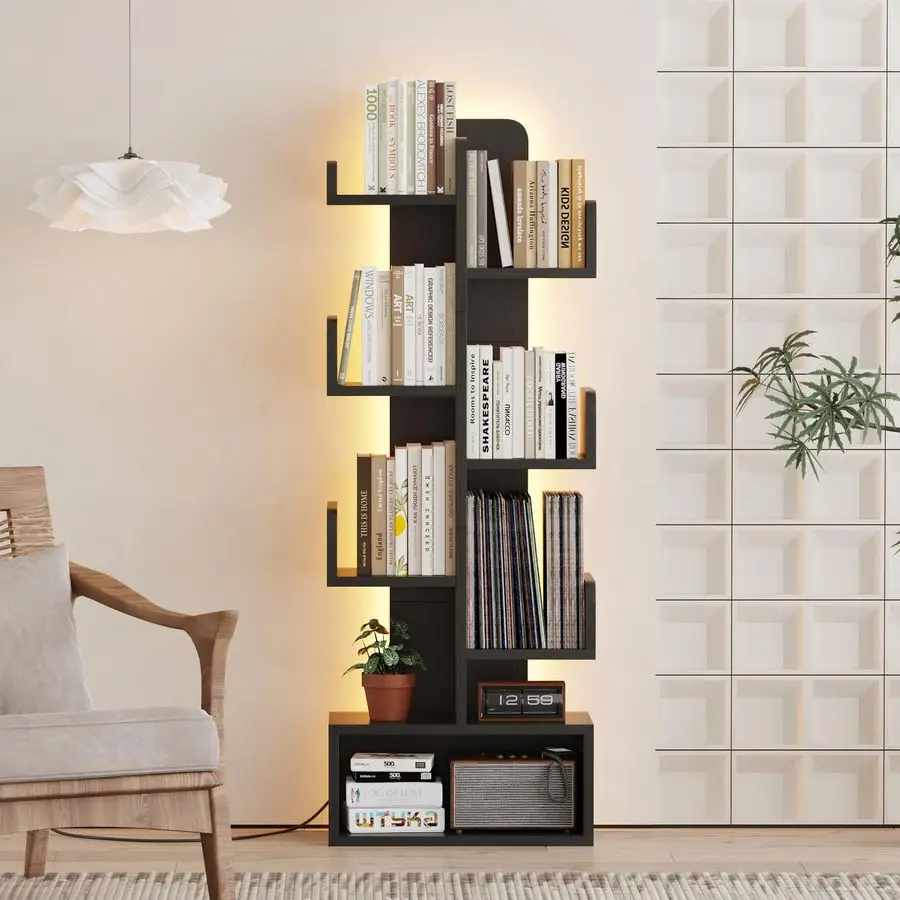 

6-ярусная книжная полка с LED-подсветкой, напольная книжная полка, классическая угловая детская книжная полка, высокая деревянная полка для хранения книг в спальне