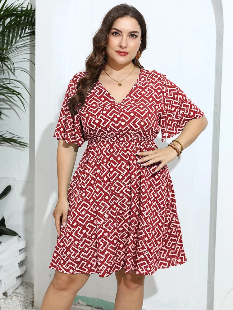 GIBSIE Plus Size stampa floreale scollo A v manica corta abito donna 2024 estate elastico in vita Casual allentato Boho Mini A Line abiti