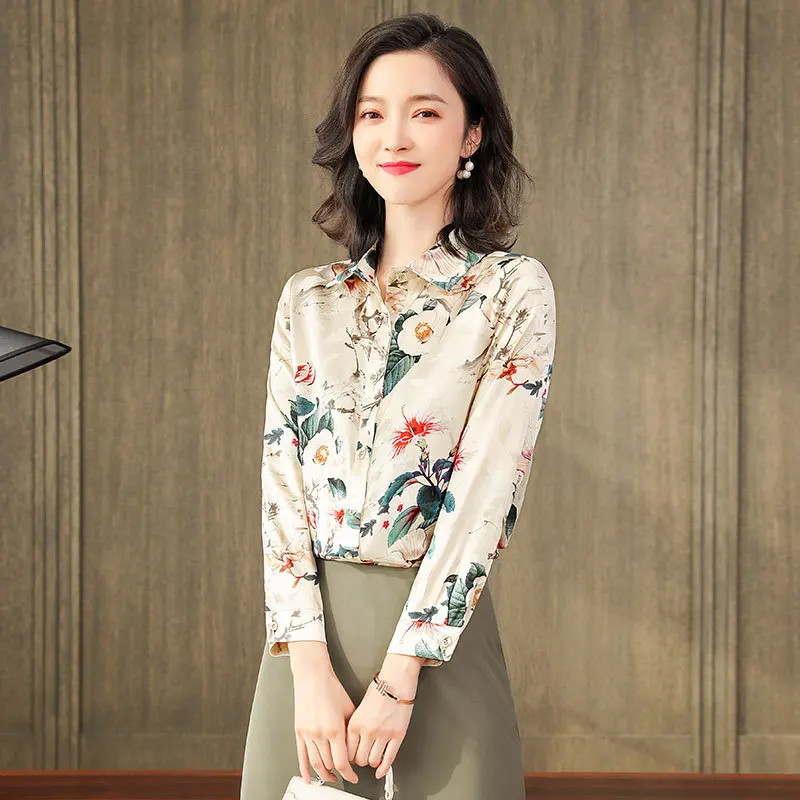 Birdtree 90%Real Silk Elegant Shirt Women's 2023 Autumn Thin Office Lady Top Loose  Printed Long Sleeve Casual Blouse T30676QC