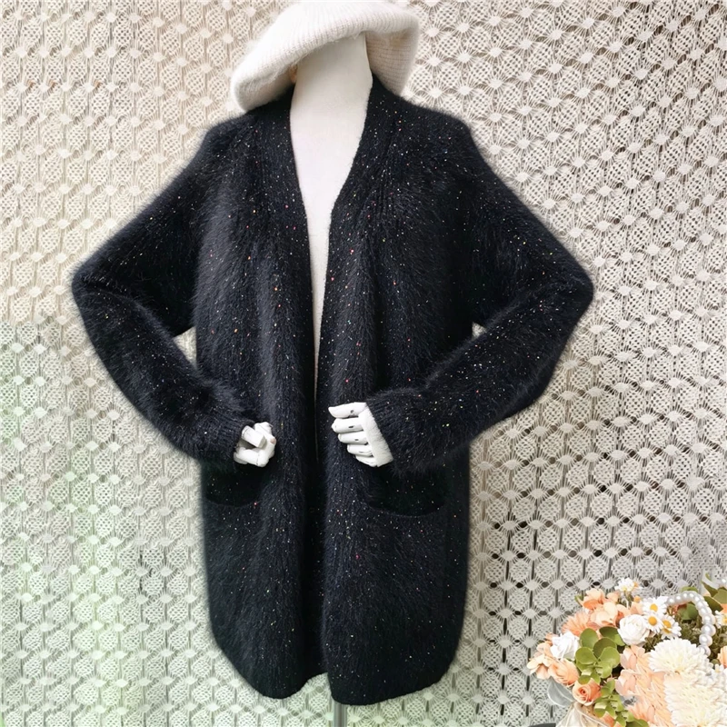 1.1KG Heavy Thick Women Autumn Winter Clothing Hairy Mink Cashmere Knitted Shiny Loose Cardigans Sweater Jacket Mantle Pull Tops