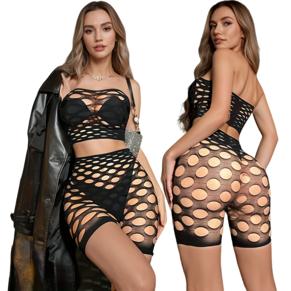Multi Styles Hollow Fishnet 2 Piece Outfit Women Sleeveless Crop Top Mini Skirt Set Sheer Mesh Beach Cover Up Club Party Layerin